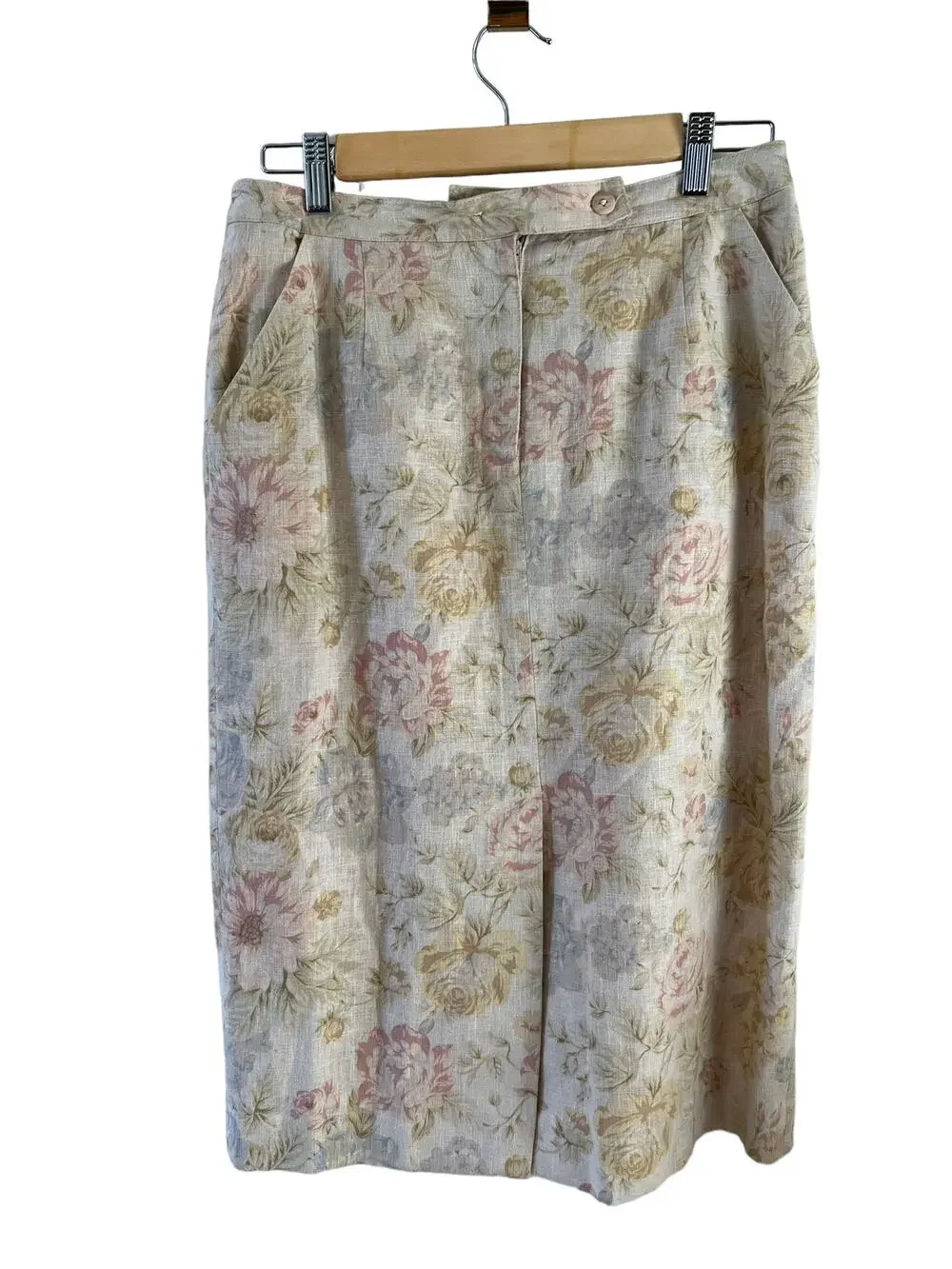 Vintage Chelsea Campbell High Waisted Linen Midi Skirt Beige Floral Print